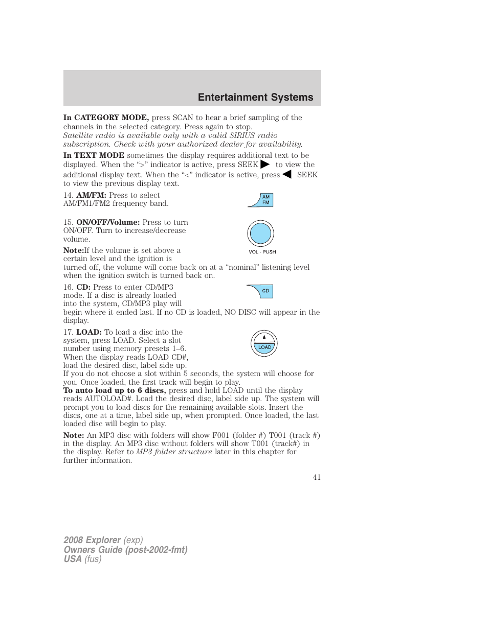 Entertainment systems | FORD 2008 Explorer v.1 User Manual | Page 41 / 384