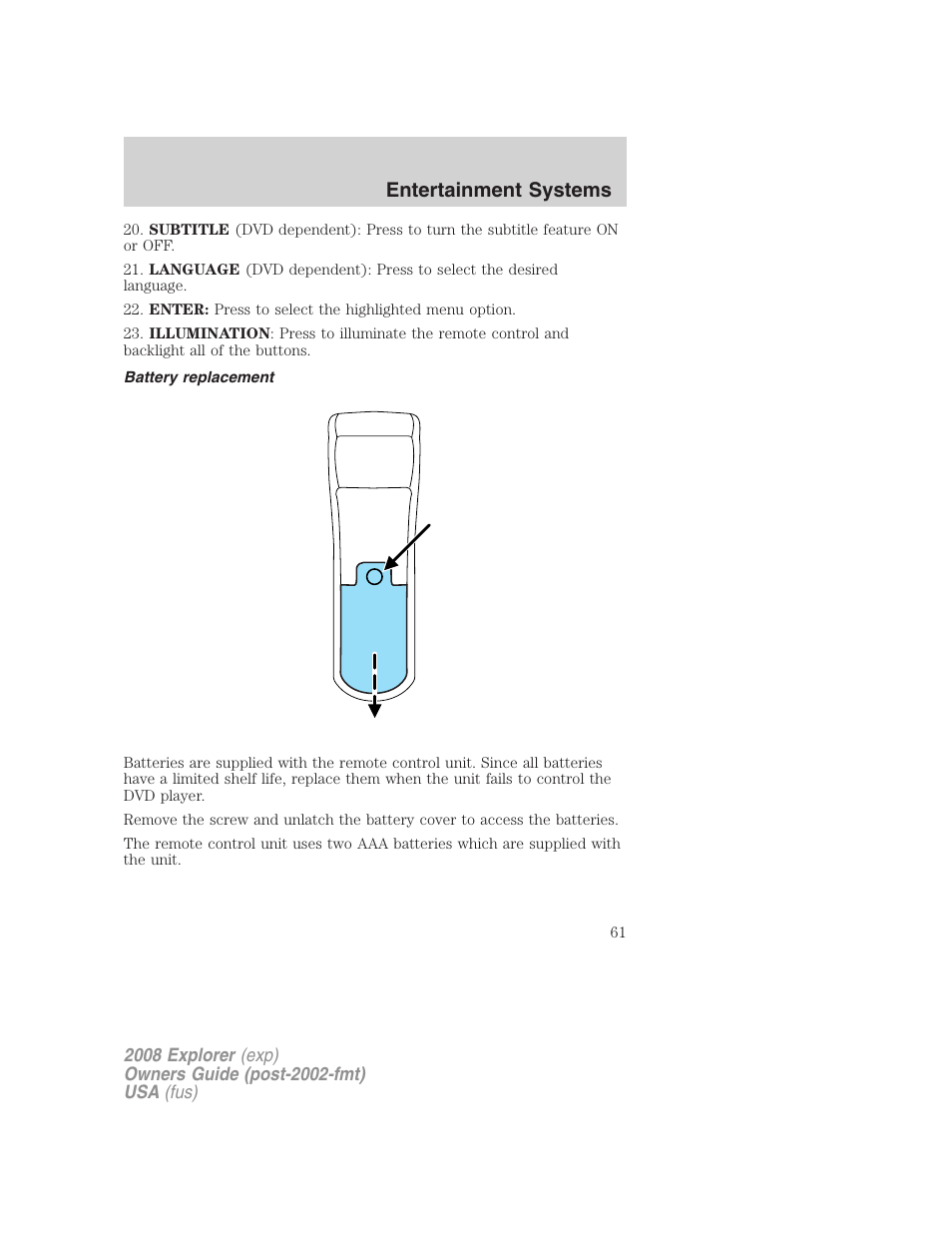 Battery replacement, Entertainment systems | FORD 2008 Explorer v.1 User Manual | Page 61 / 384