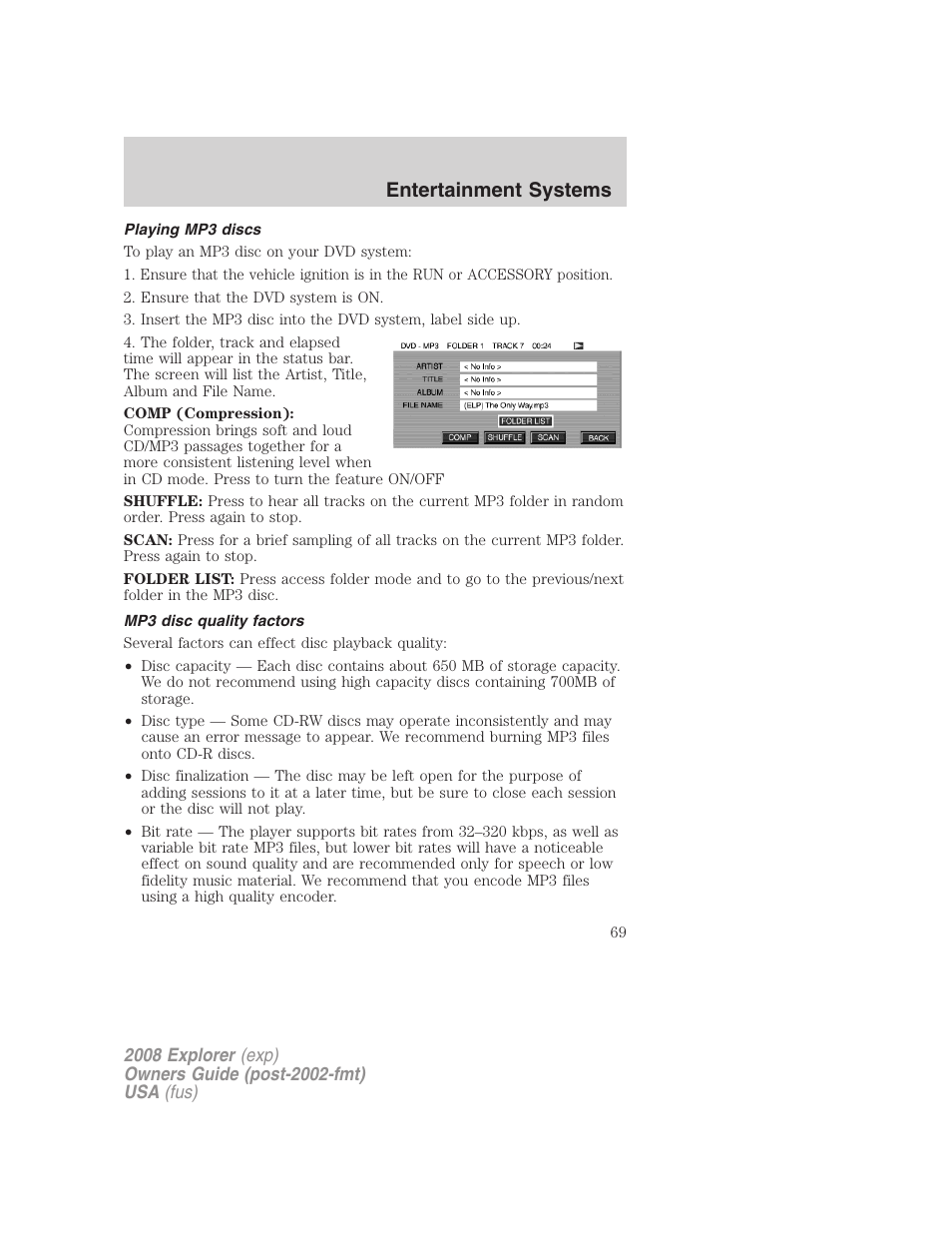 Playing mp3 discs, Mp3 disc quality factors, Entertainment systems | FORD 2008 Explorer v.1 User Manual | Page 69 / 384