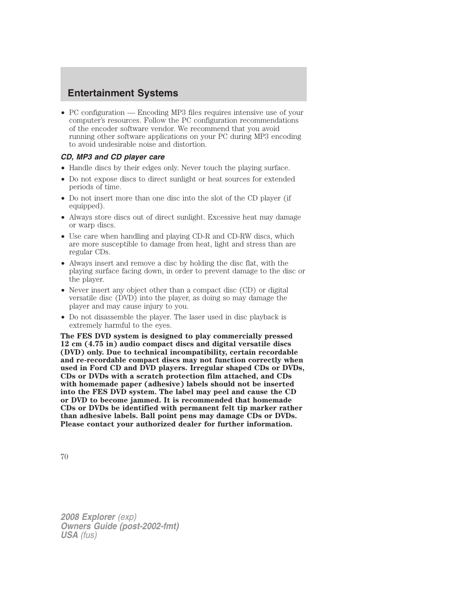 Cd, mp3 and cd player care, Entertainment systems | FORD 2008 Explorer v.1 User Manual | Page 70 / 384