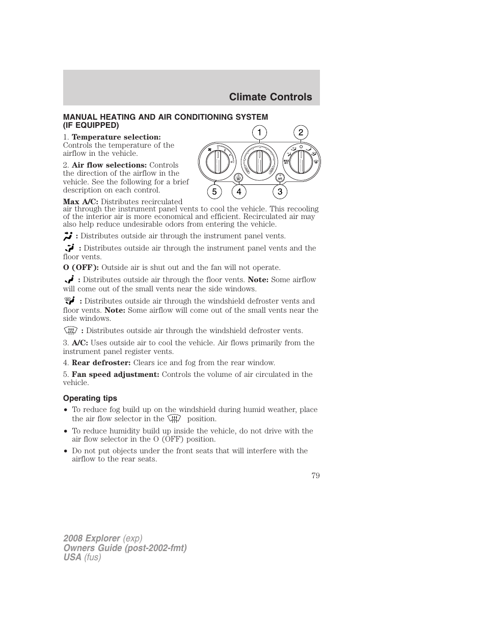Climate controls, Operating tips, Manual heating and air conditioning | FORD 2008 Explorer v.1 User Manual | Page 79 / 384