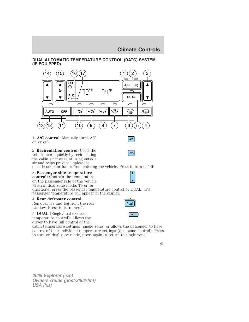 Automatic temperature control, Climate controls | FORD 2008 Explorer v.1 User Manual | Page 81 / 384