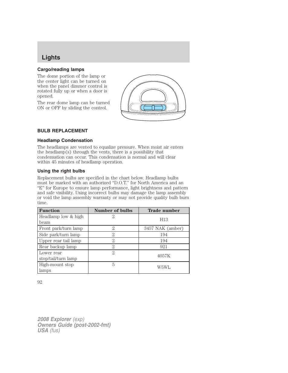 Cargo/reading lamps, Bulb replacement, Headlamp condensation | Using the right bulbs, Lights | FORD 2008 Explorer v.1 User Manual | Page 92 / 384