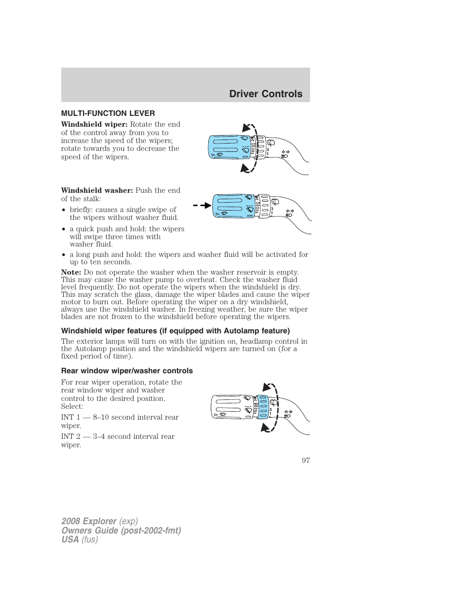 Driver controls, Multi-function lever, Rear window wiper/washer controls | Windshield wiper/washer control | FORD 2008 Explorer v.1 User Manual | Page 97 / 384