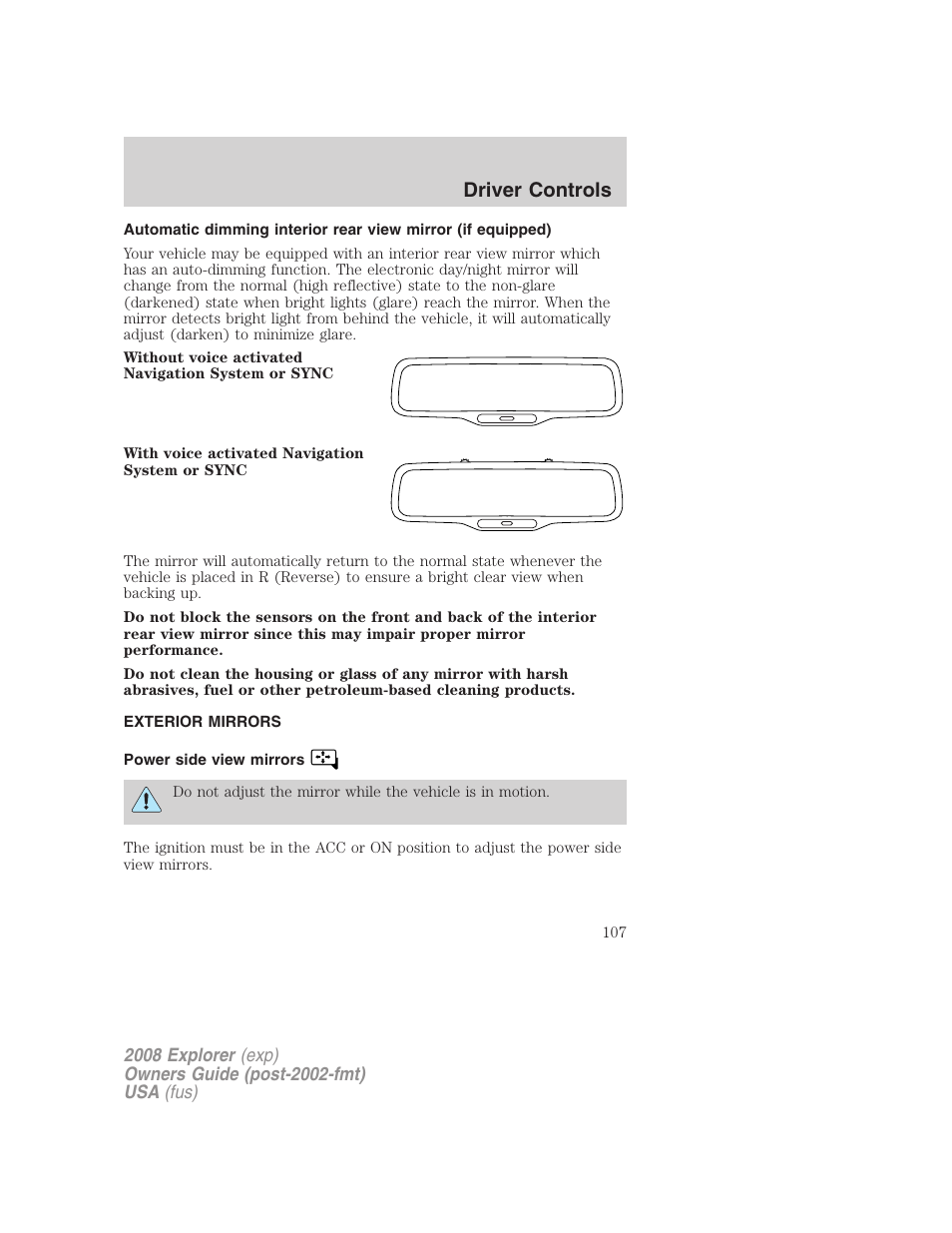 Exterior mirrors, Power side view mirrors, Driver controls | FORD 2008 Explorer v.2 User Manual | Page 107 / 400