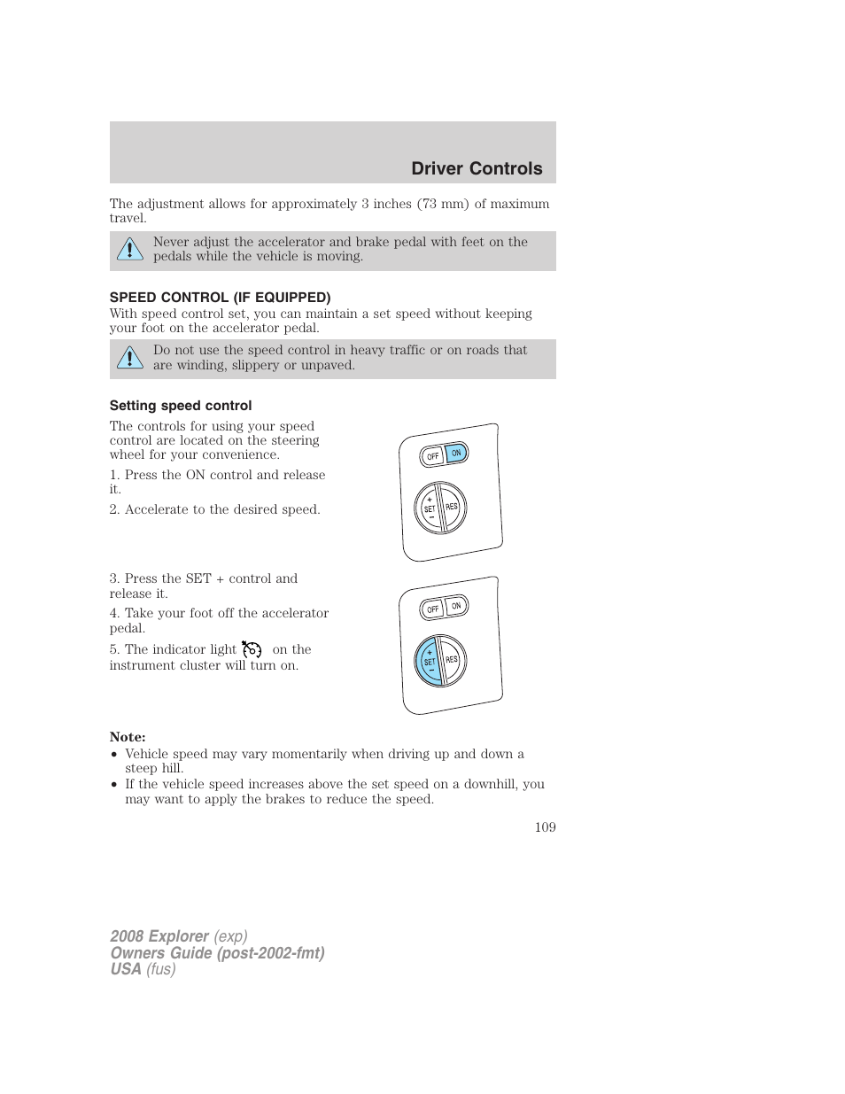 Speed control (if equipped), Setting speed control, Speed control | Driver controls | FORD 2008 Explorer v.2 User Manual | Page 109 / 400