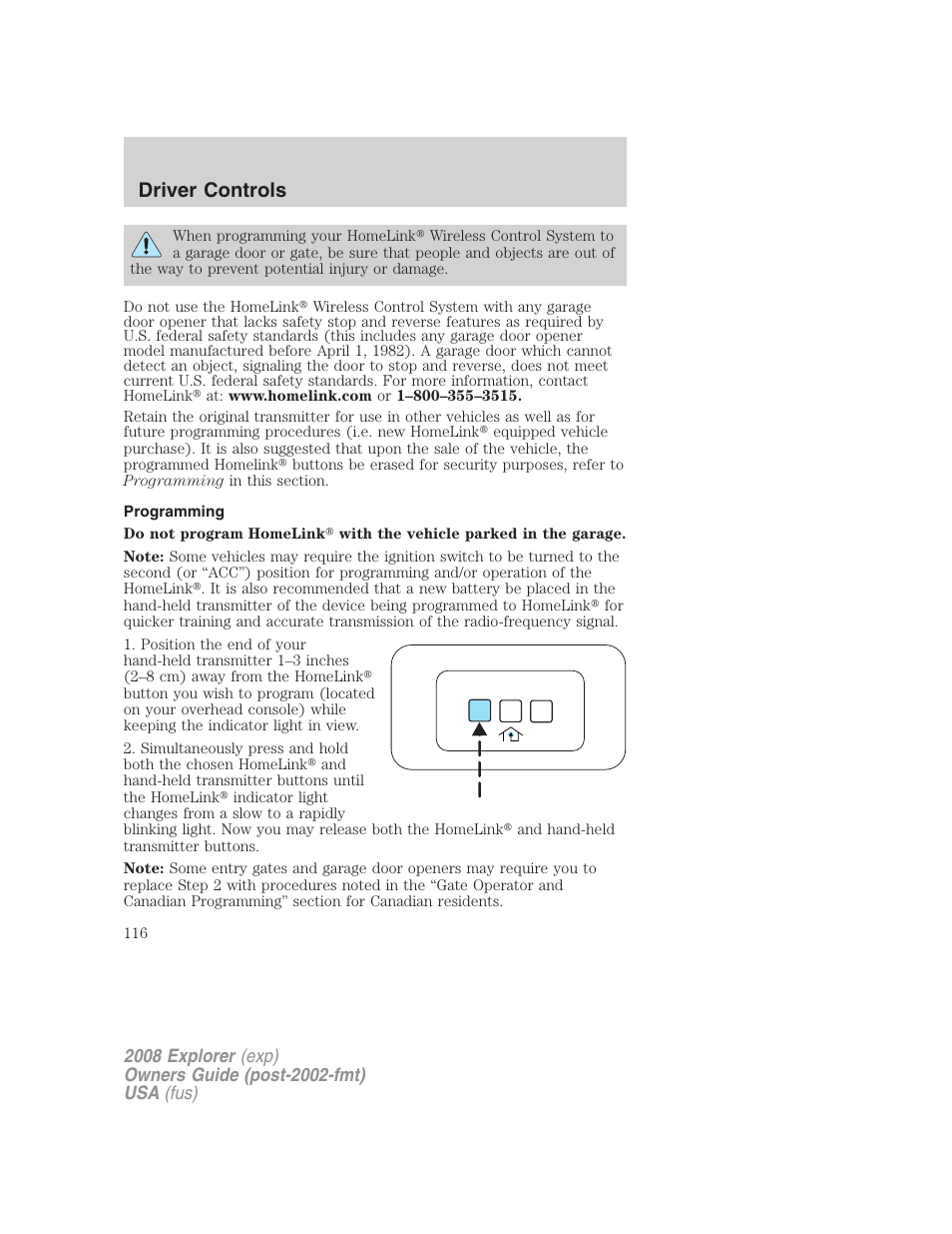 Programming, Driver controls | FORD 2008 Explorer v.2 User Manual | Page 116 / 400