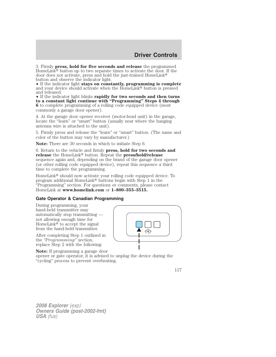 Gate operator & canadian programming, Driver controls | FORD 2008 Explorer v.2 User Manual | Page 117 / 400