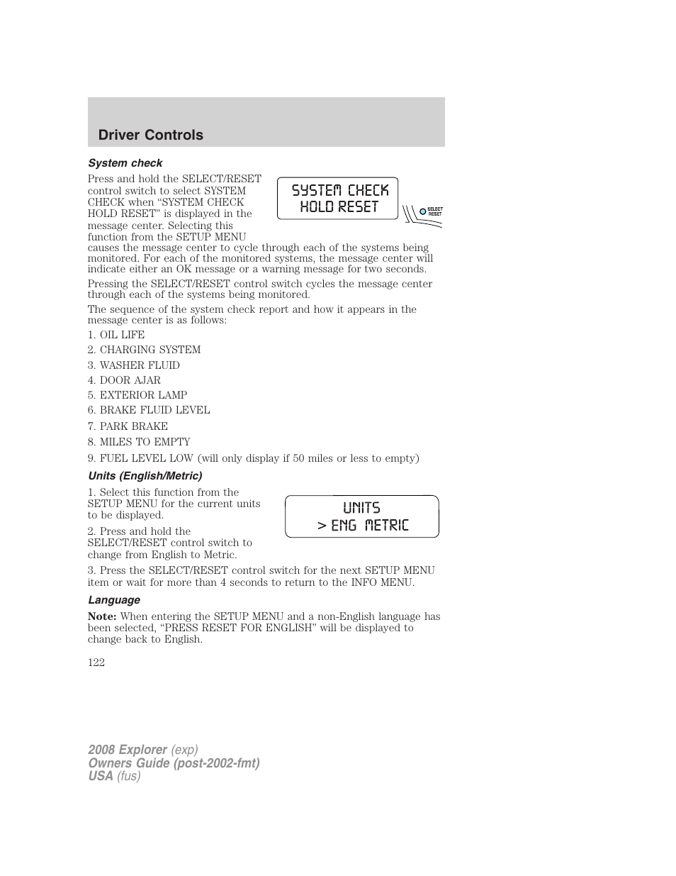 System check, Units (english/metric), Language | Driver controls | FORD 2008 Explorer v.2 User Manual | Page 122 / 400