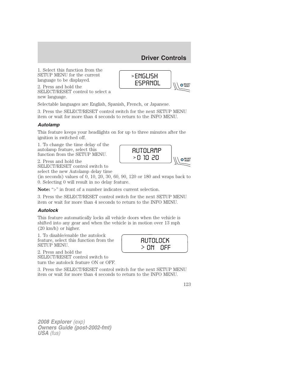 Autolamp, Autolock, Driver controls | FORD 2008 Explorer v.2 User Manual | Page 123 / 400