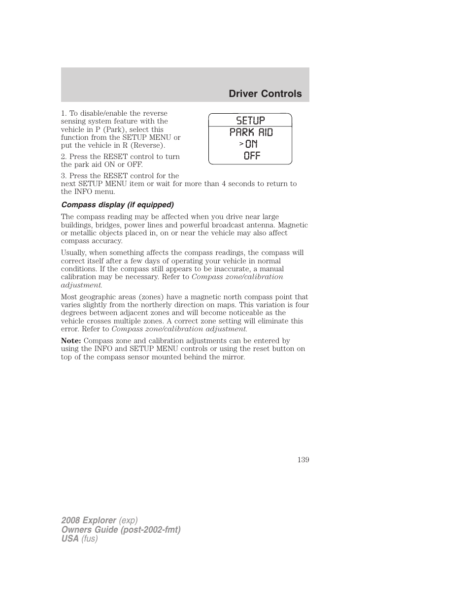 Compass display (if equipped), Driver controls | FORD 2008 Explorer v.2 User Manual | Page 139 / 400