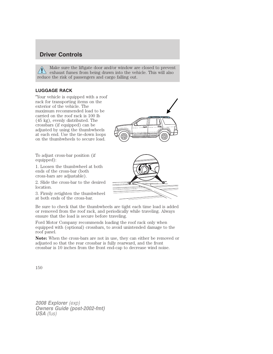 Luggage rack, Driver controls | FORD 2008 Explorer v.2 User Manual | Page 150 / 400