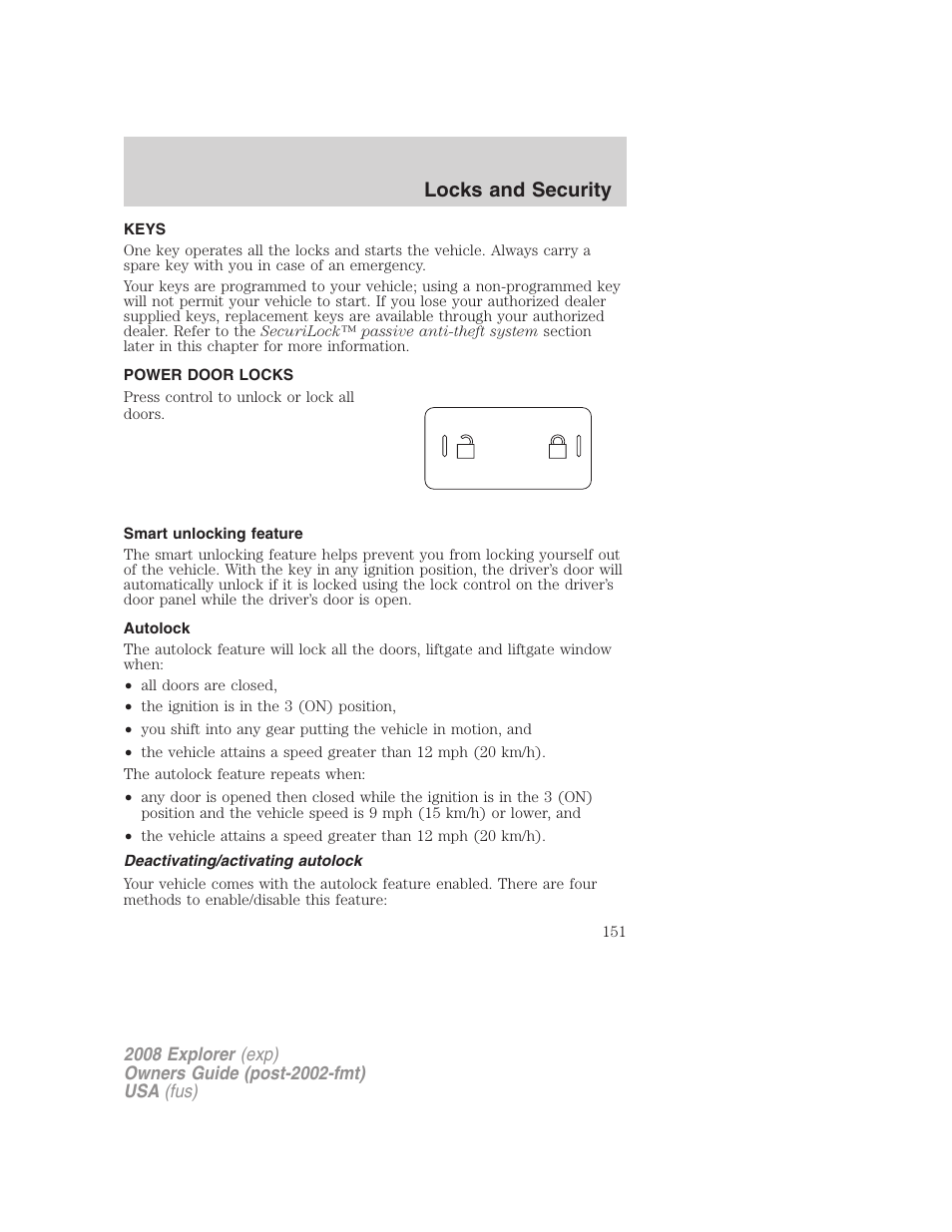 Locks and security, Keys, Power door locks | Smart unlocking feature, Autolock, Deactivating/activating autolock, Locks | FORD 2008 Explorer v.2 User Manual | Page 151 / 400