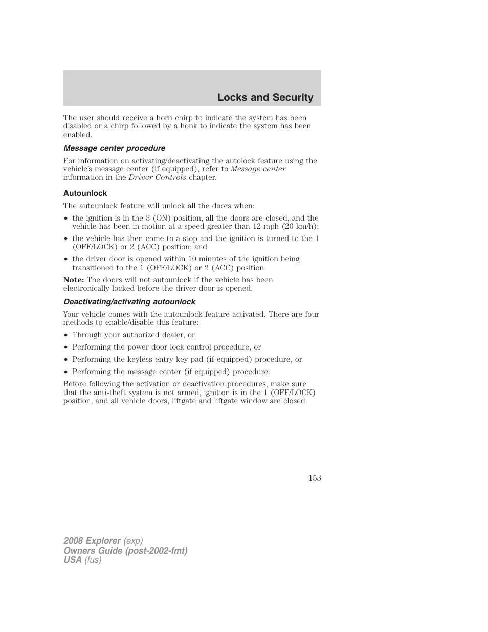 Message center procedure, Autounlock, Deactivating/activating autounlock | Locks and security | FORD 2008 Explorer v.2 User Manual | Page 153 / 400