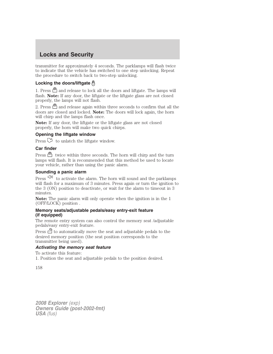 Locking the doors/liftgate, Opening the liftgate window, Car finder | Sounding a panic alarm, Activating the memory seat feature, Locks and security | FORD 2008 Explorer v.2 User Manual | Page 158 / 400