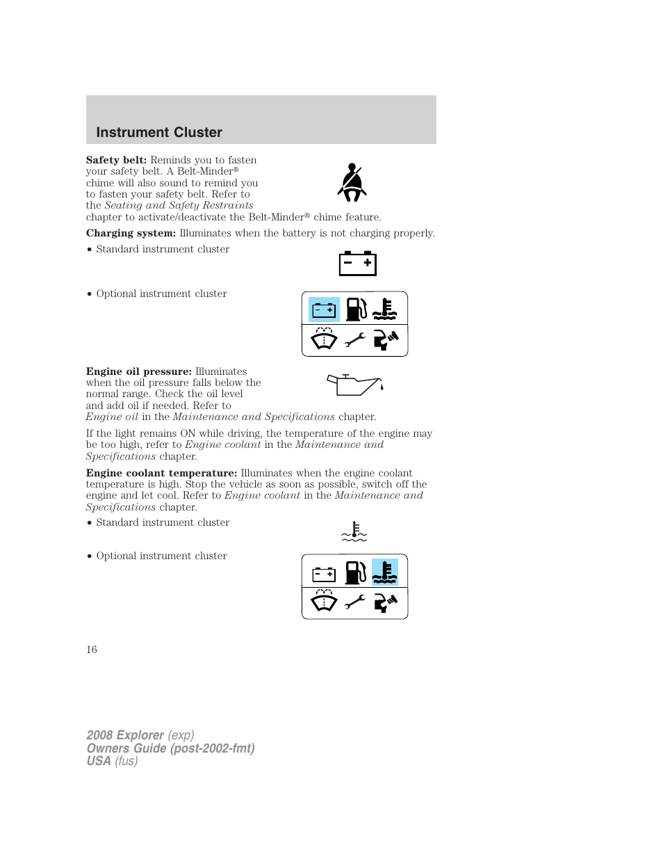Instrument cluster | FORD 2008 Explorer v.2 User Manual | Page 16 / 400