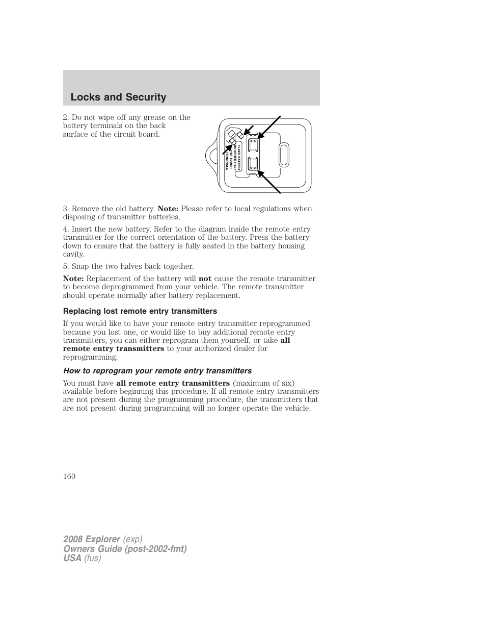 Replacing lost remote entry transmitters, How to reprogram your remote entry transmitters, Locks and security | FORD 2008 Explorer v.2 User Manual | Page 160 / 400