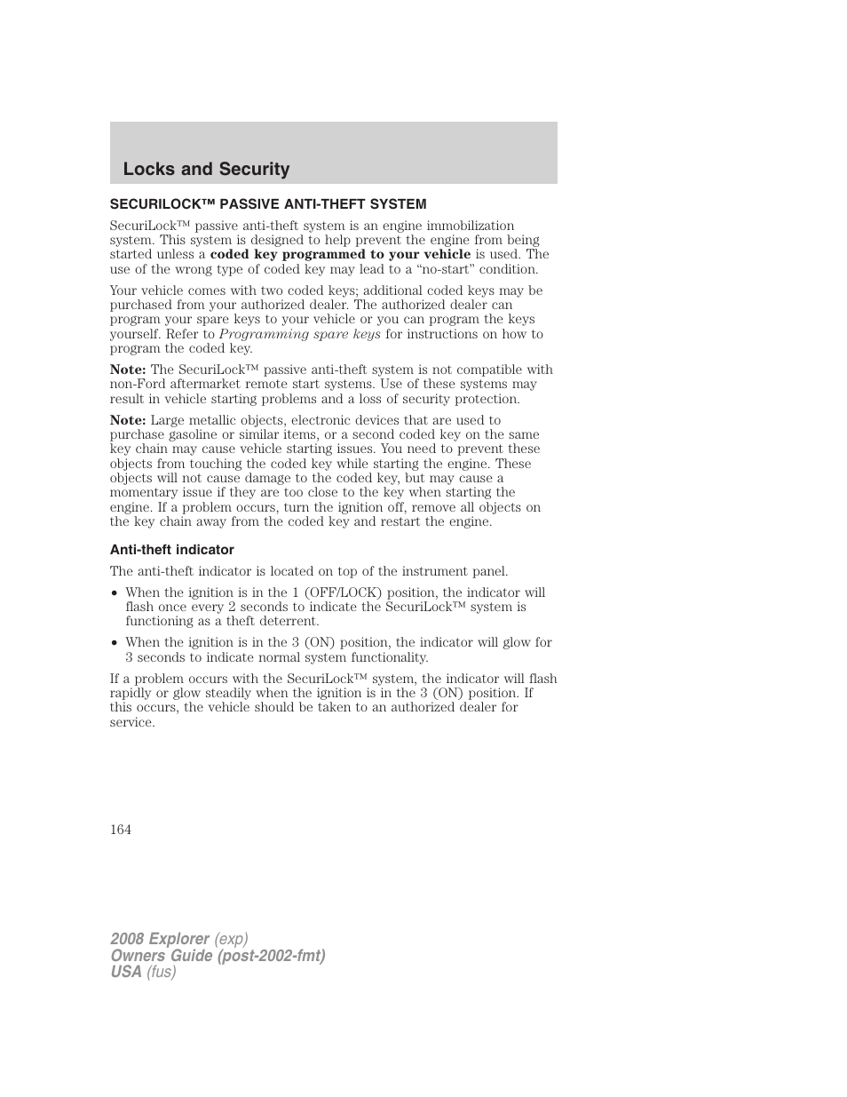 Securilock™ passive anti-theft system, Anti-theft indicator, Locks and security | FORD 2008 Explorer v.2 User Manual | Page 164 / 400