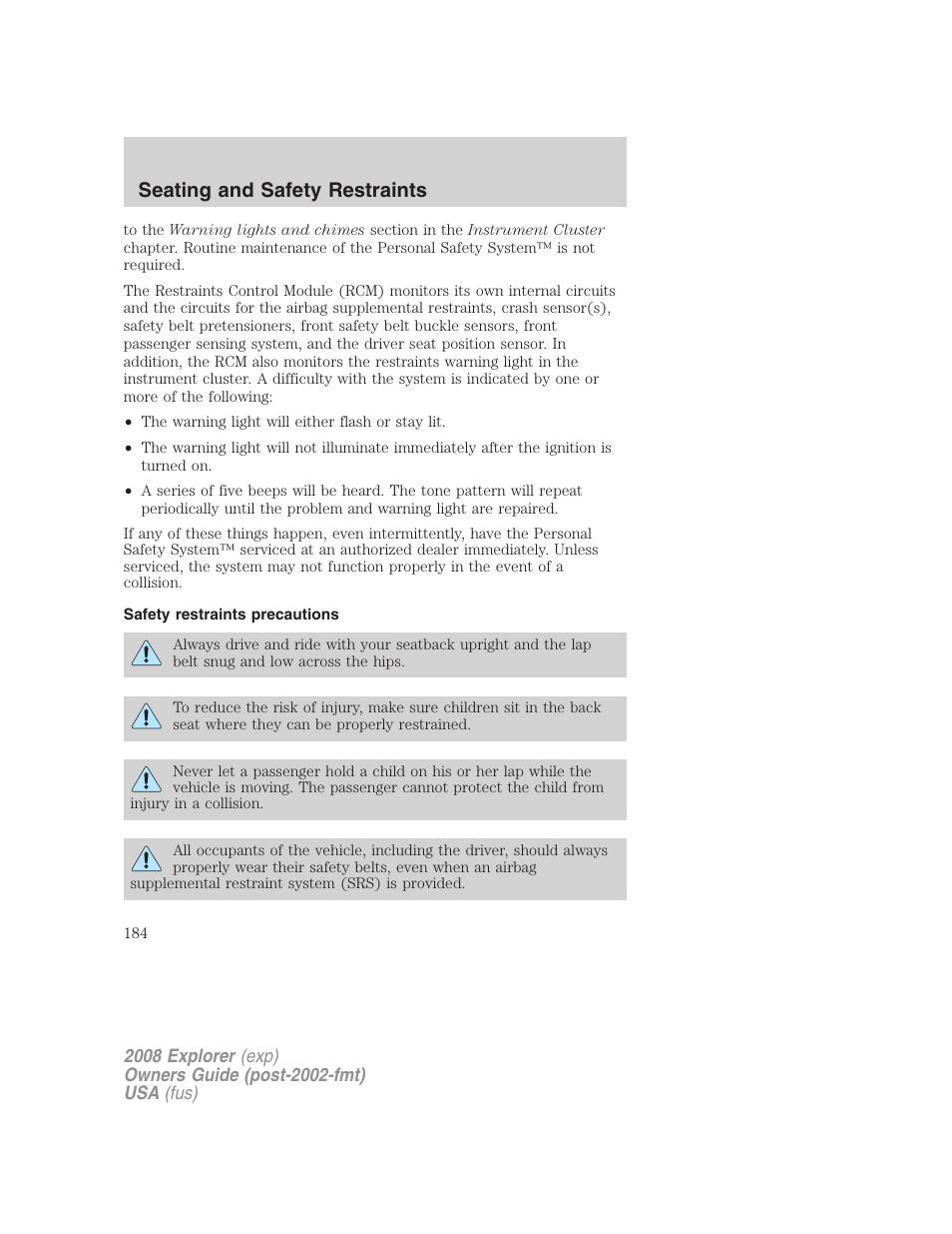 Safety restraints precautions, Seating and safety restraints | FORD 2008 Explorer v.2 User Manual | Page 184 / 400