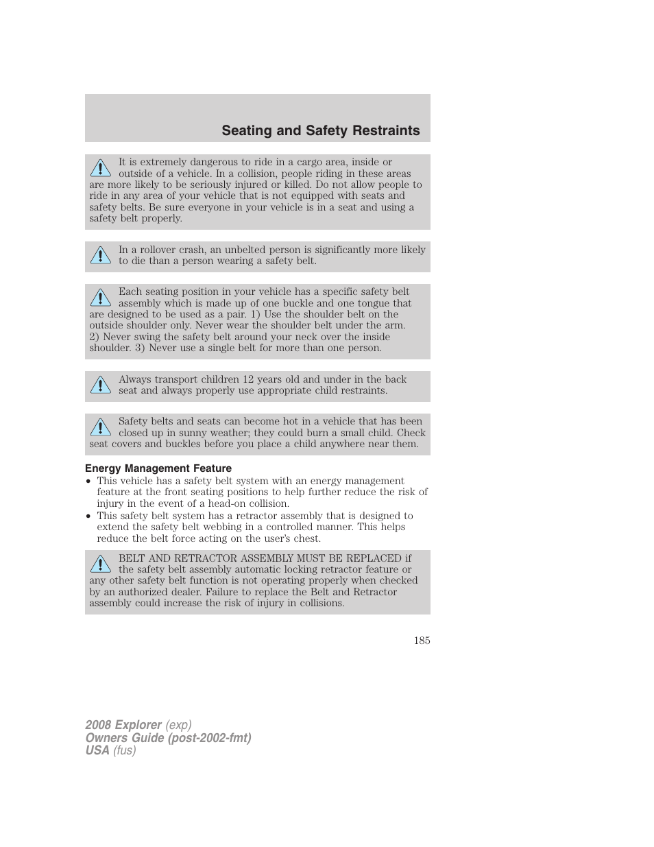 Energy management feature, Seating and safety restraints | FORD 2008 Explorer v.2 User Manual | Page 185 / 400