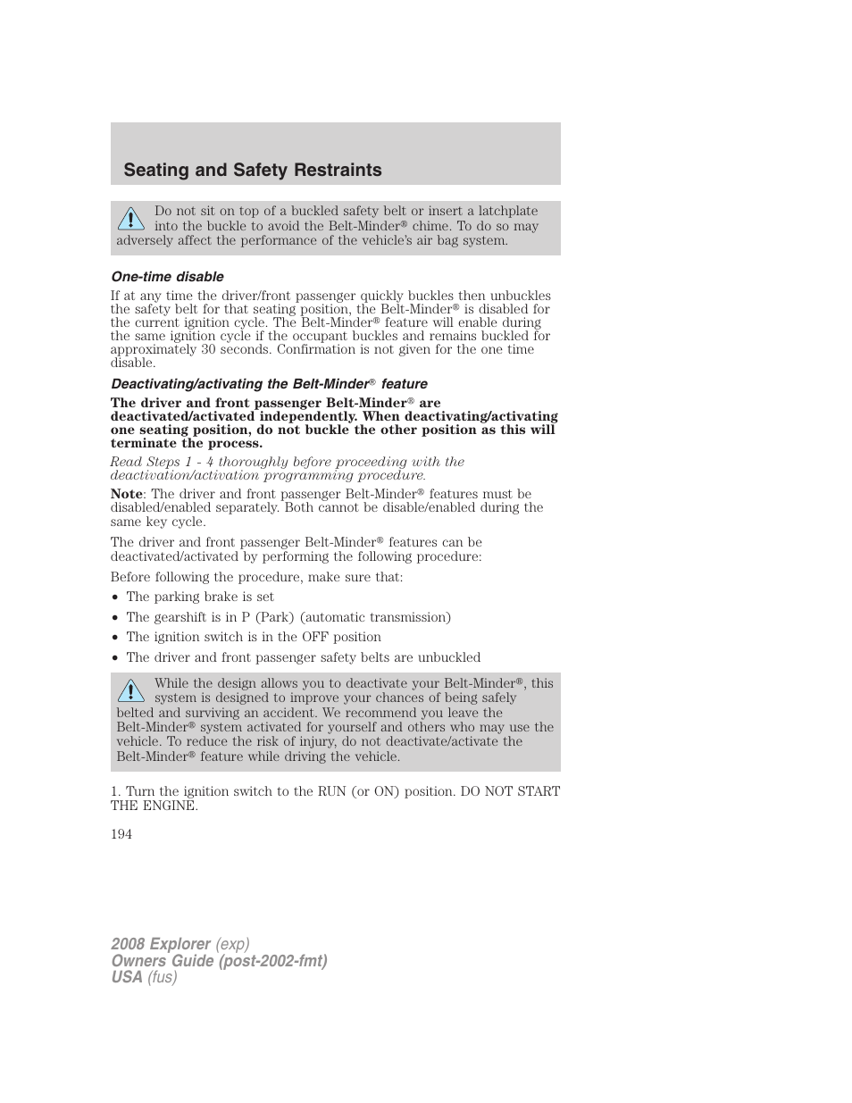 One-time disable, Deactivating/activating the belt-minder feature, Seating and safety restraints | FORD 2008 Explorer v.2 User Manual | Page 194 / 400
