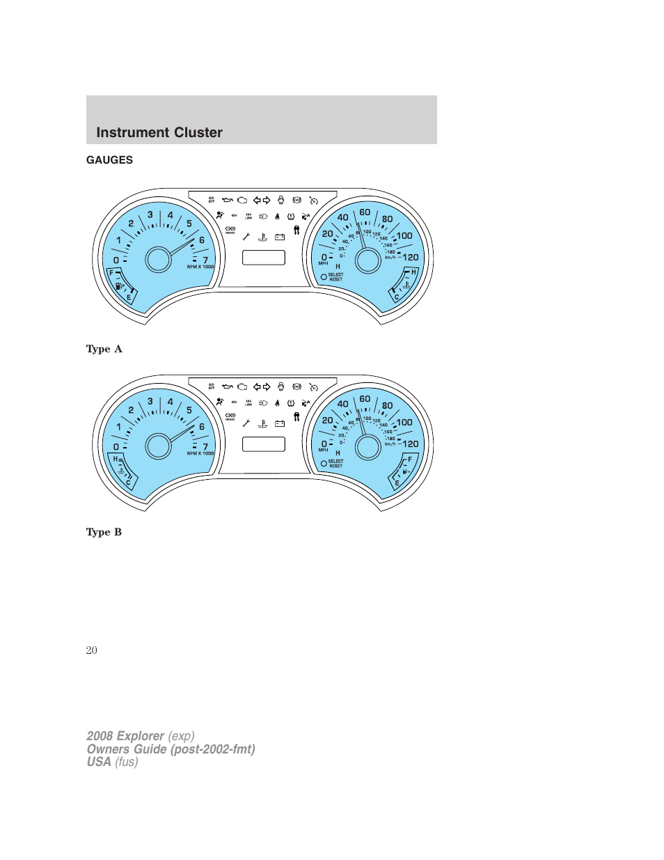 Gauges, Instrument cluster | FORD 2008 Explorer v.2 User Manual | Page 20 / 400