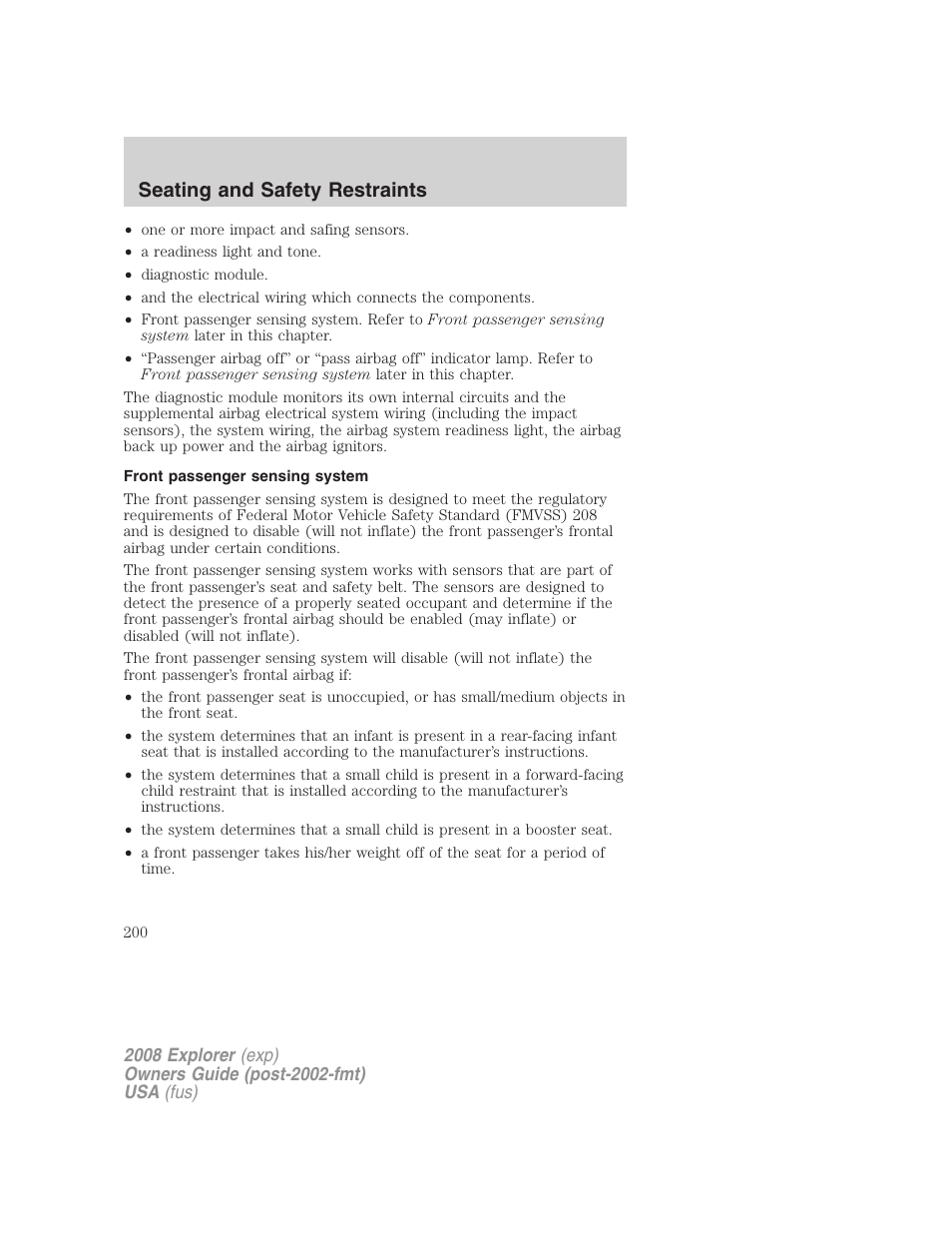 Front passenger sensing system, Seating and safety restraints | FORD 2008 Explorer v.2 User Manual | Page 200 / 400