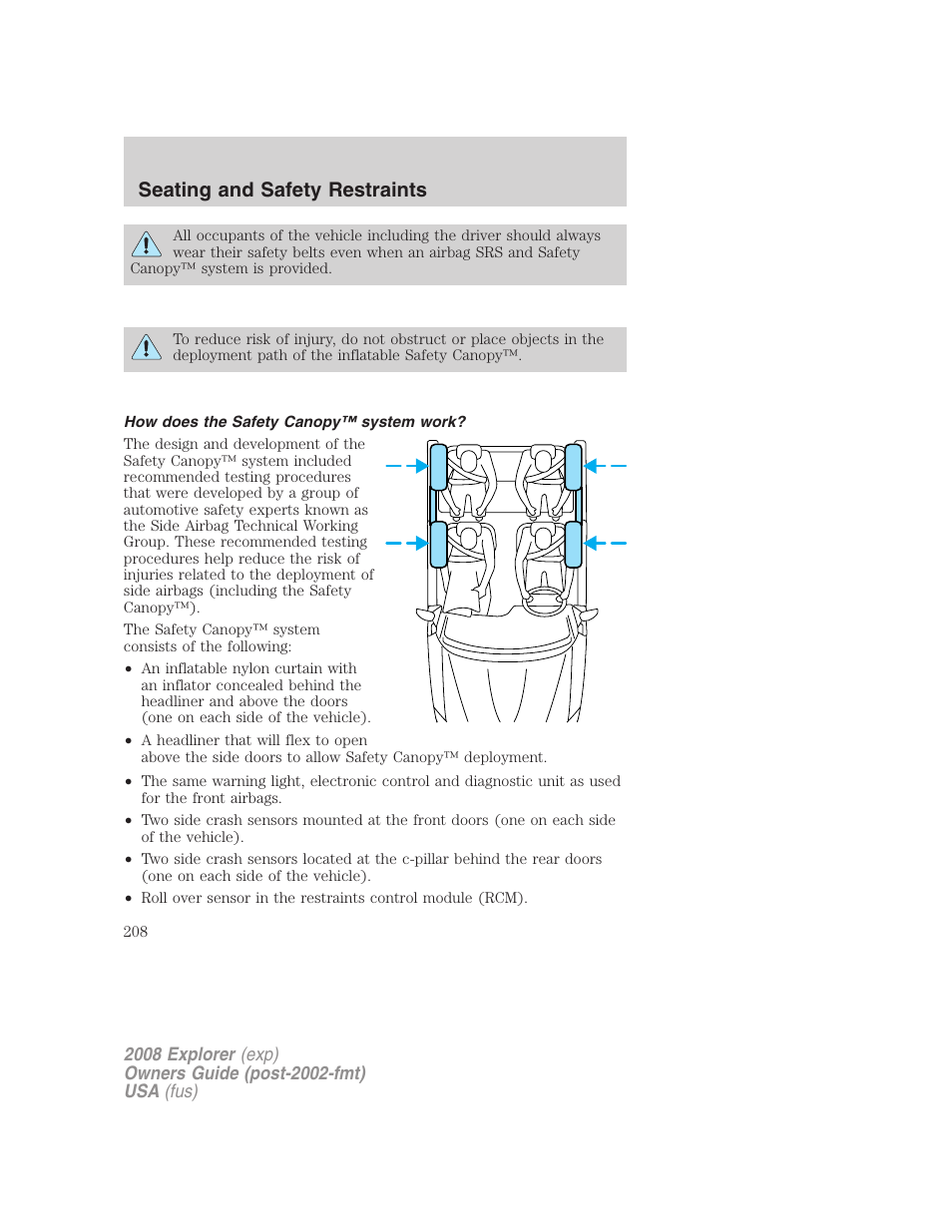 How does the safety canopy™ system work, Seating and safety restraints | FORD 2008 Explorer v.2 User Manual | Page 208 / 400