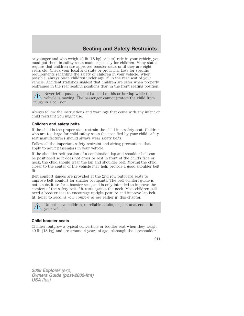 Children and safety belts, Child booster seats, Seating and safety restraints | FORD 2008 Explorer v.2 User Manual | Page 211 / 400
