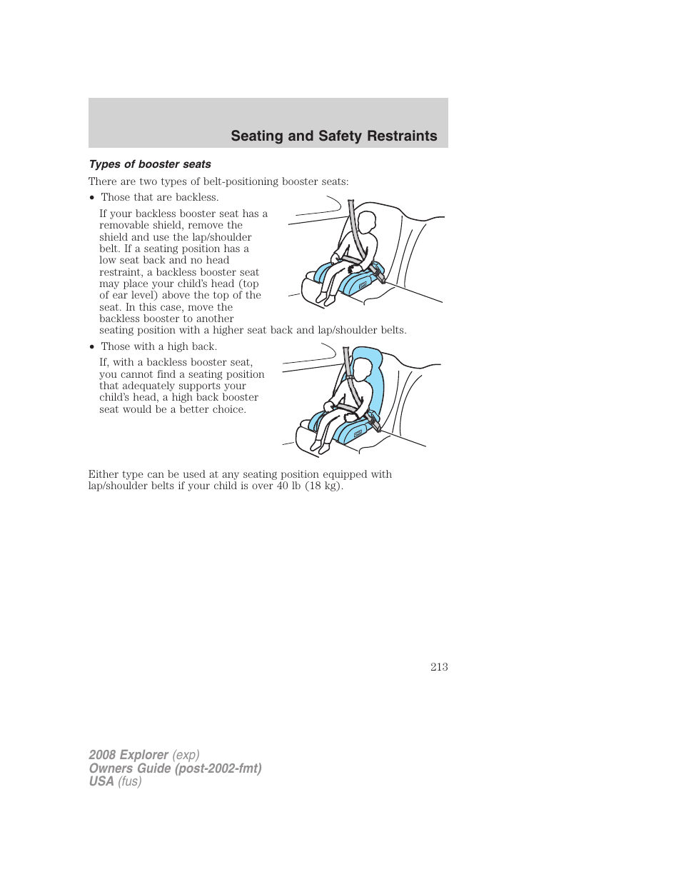 Types of booster seats, Seating and safety restraints | FORD 2008 Explorer v.2 User Manual | Page 213 / 400