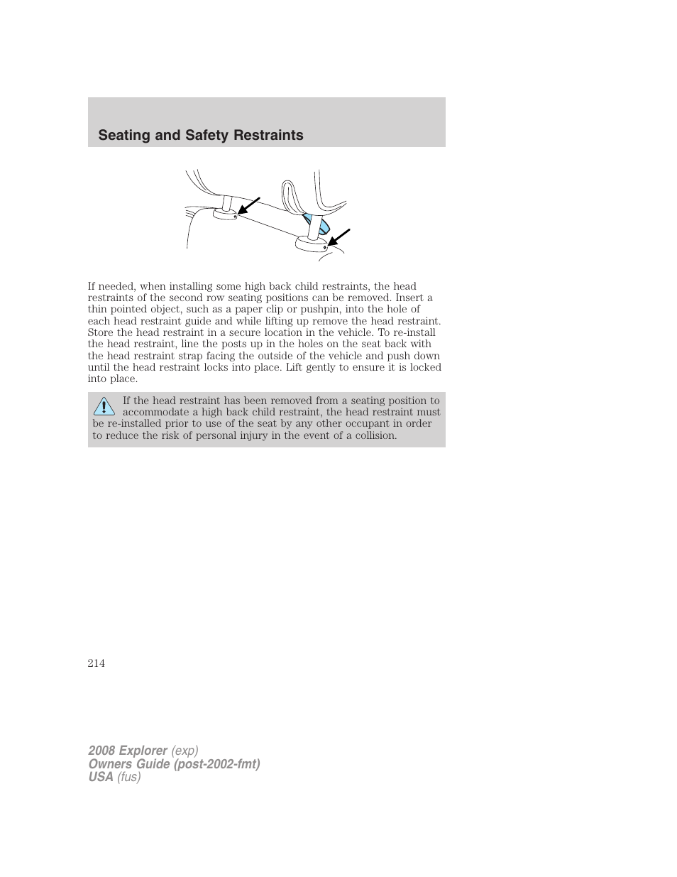 Seating and safety restraints | FORD 2008 Explorer v.2 User Manual | Page 214 / 400