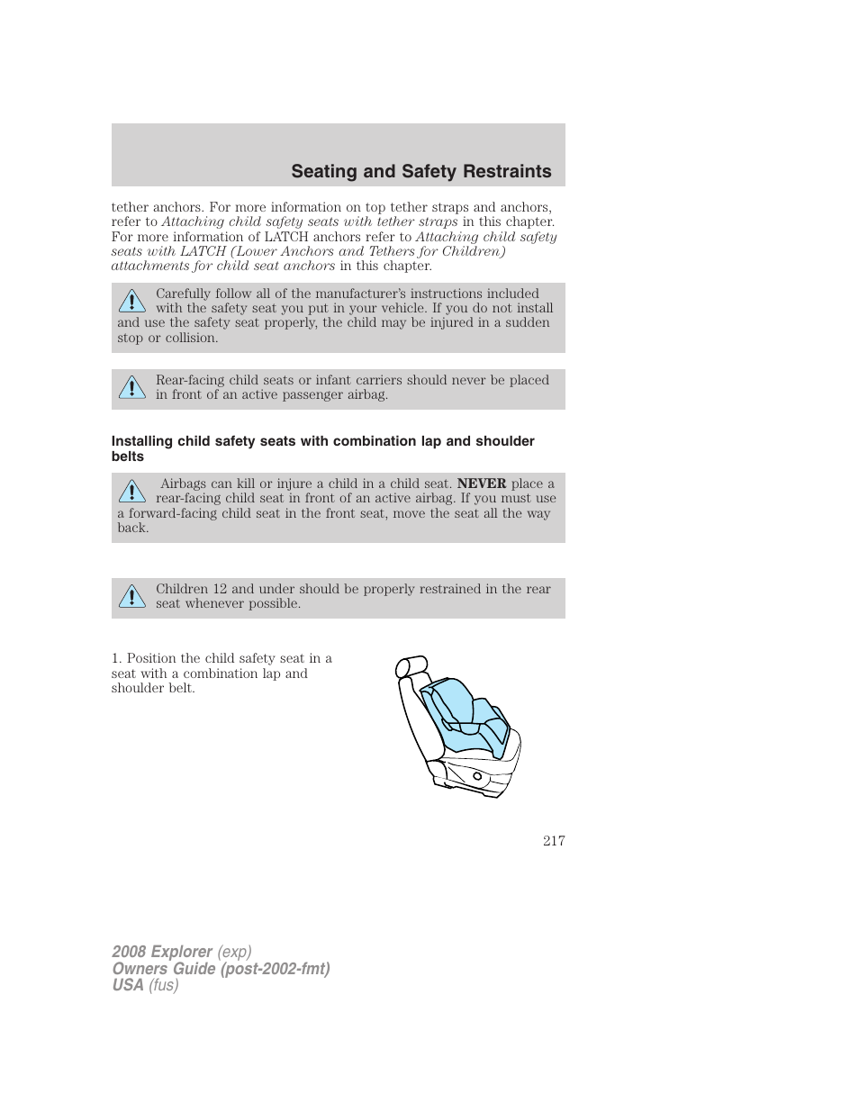 Seating and safety restraints | FORD 2008 Explorer v.2 User Manual | Page 217 / 400