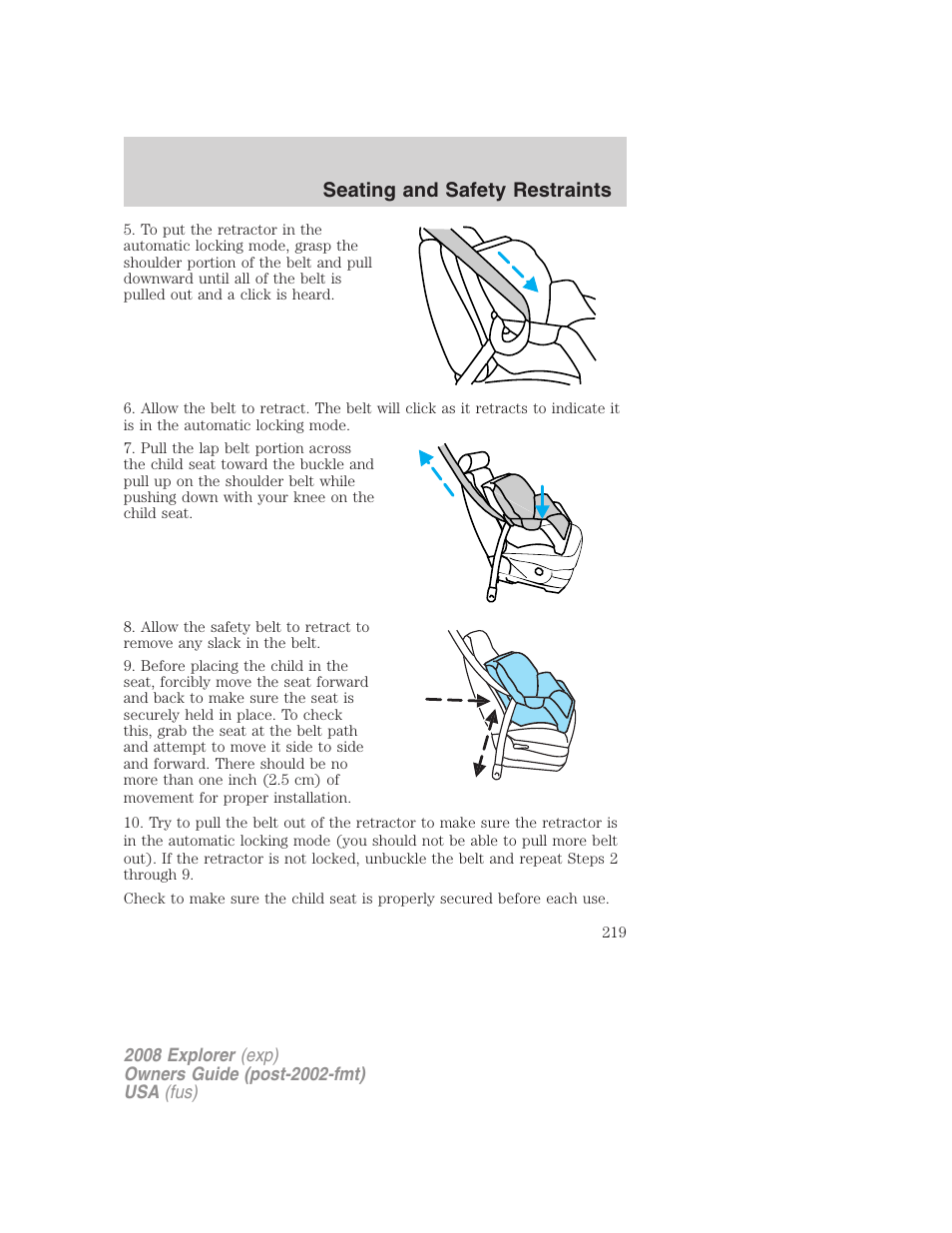 Seating and safety restraints | FORD 2008 Explorer v.2 User Manual | Page 219 / 400