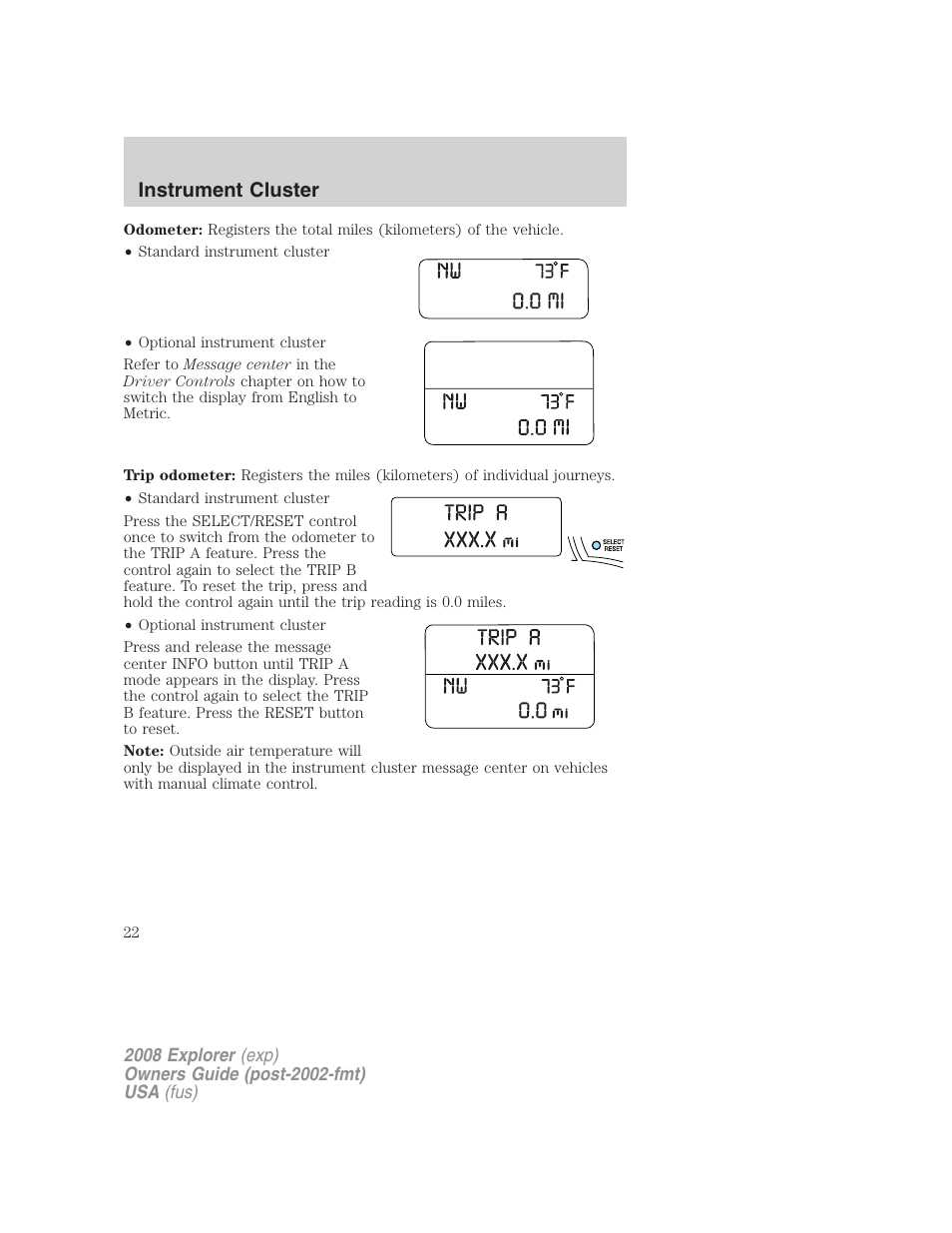 Instrument cluster | FORD 2008 Explorer v.2 User Manual | Page 22 / 400