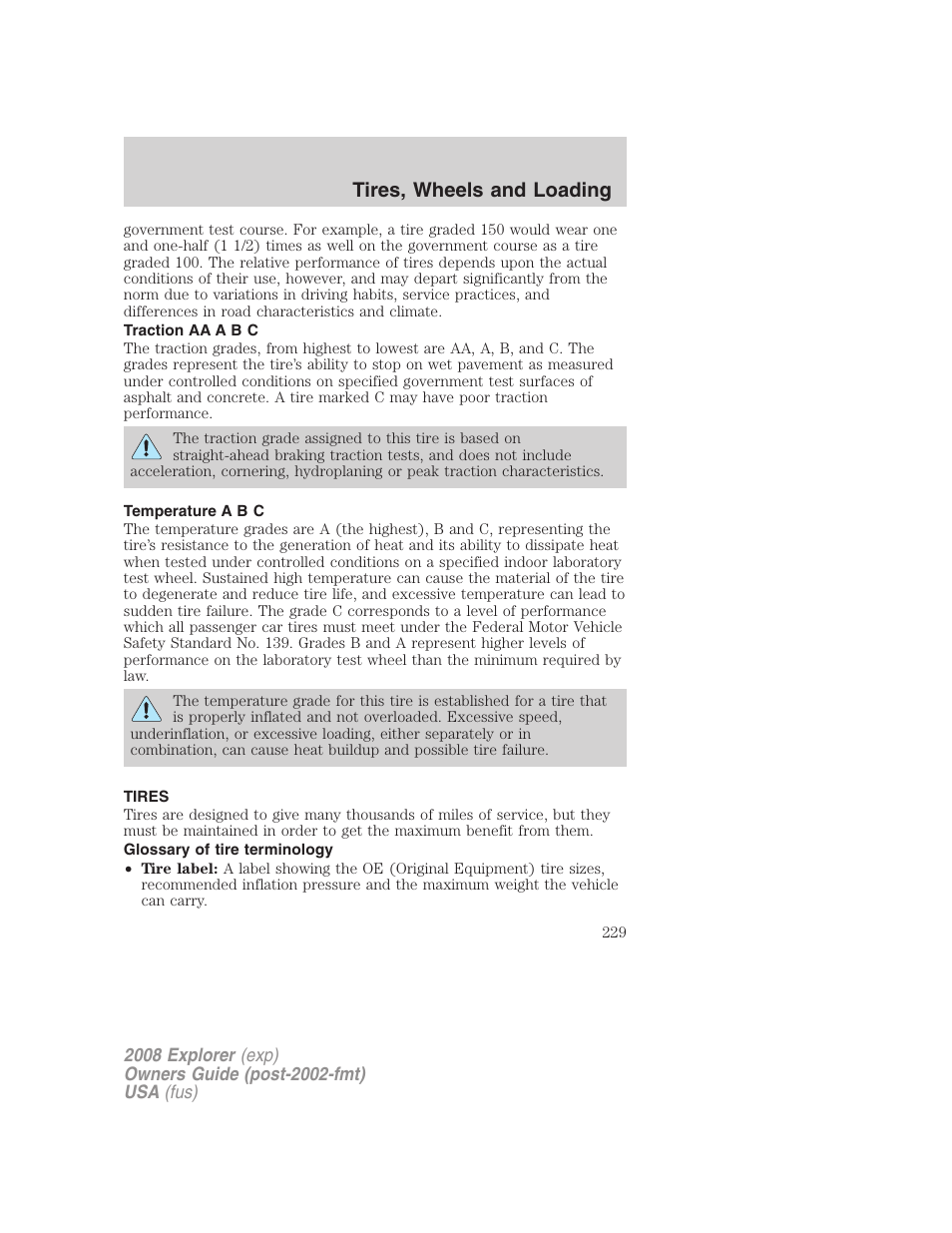 Traction aa a b c, Temperature a b c, Tires | Glossary of tire terminology, Tires, wheels and loading | FORD 2008 Explorer v.2 User Manual | Page 229 / 400