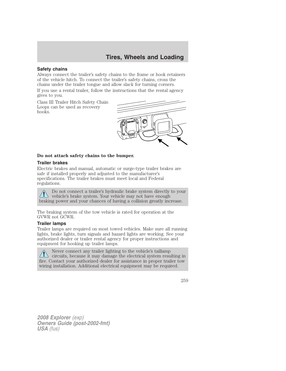 Safety chains, Trailer brakes, Trailer lamps | Tires, wheels and loading | FORD 2008 Explorer v.2 User Manual | Page 259 / 400