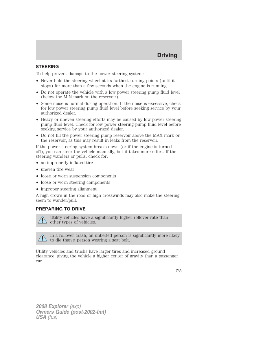 Steering, Preparing to drive, Driving | FORD 2008 Explorer v.2 User Manual | Page 275 / 400