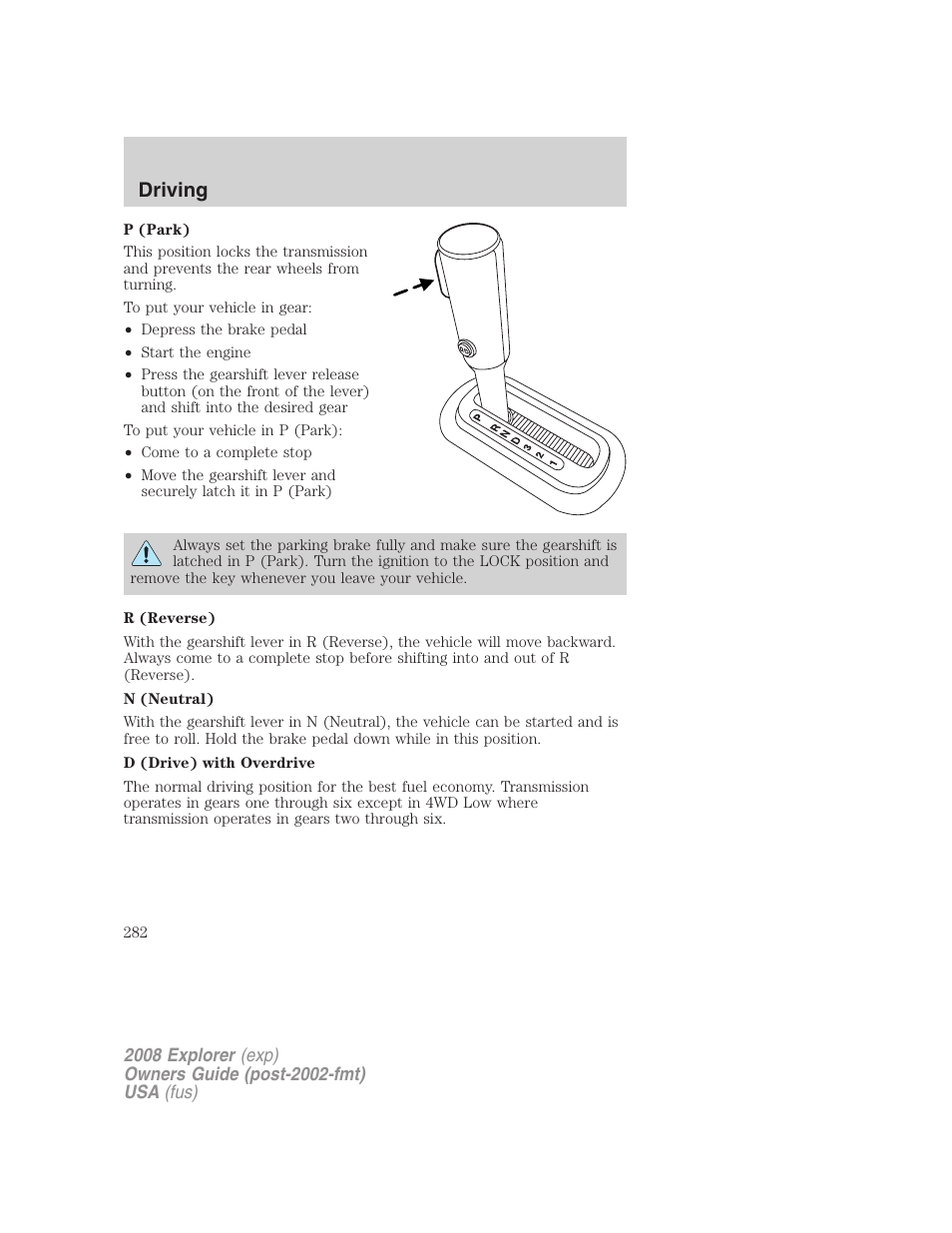 Driving | FORD 2008 Explorer v.2 User Manual | Page 282 / 400