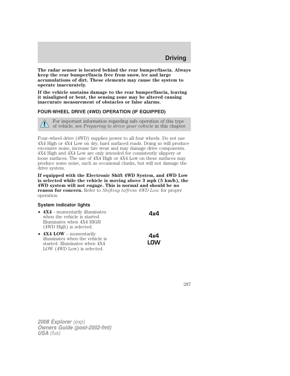 Four-wheel drive (4wd) operation (if equipped), System indicator lights, Driving | FORD 2008 Explorer v.2 User Manual | Page 287 / 400