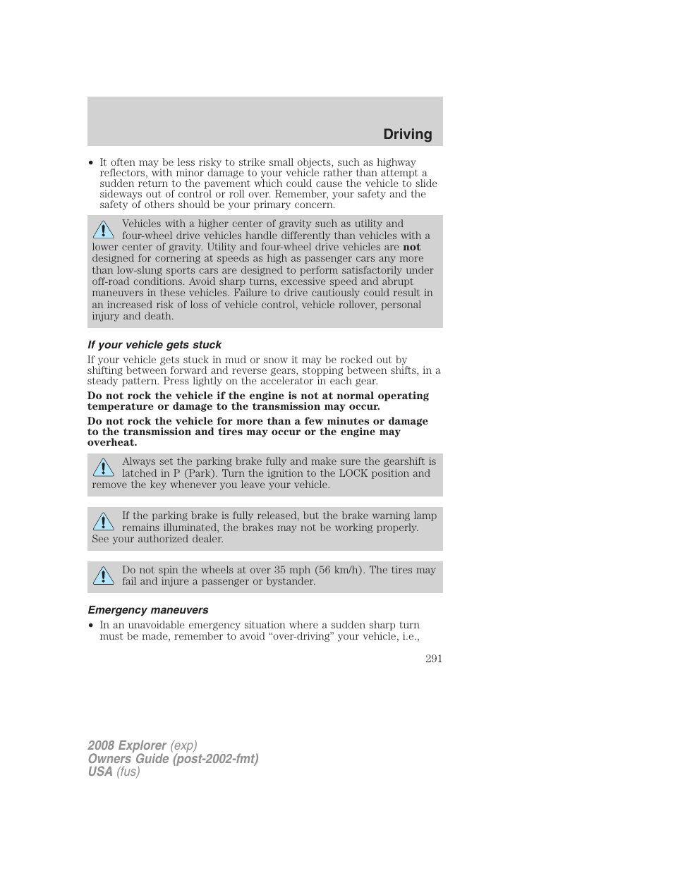 If your vehicle gets stuck, Emergency maneuvers, Driving | FORD 2008 Explorer v.2 User Manual | Page 291 / 400