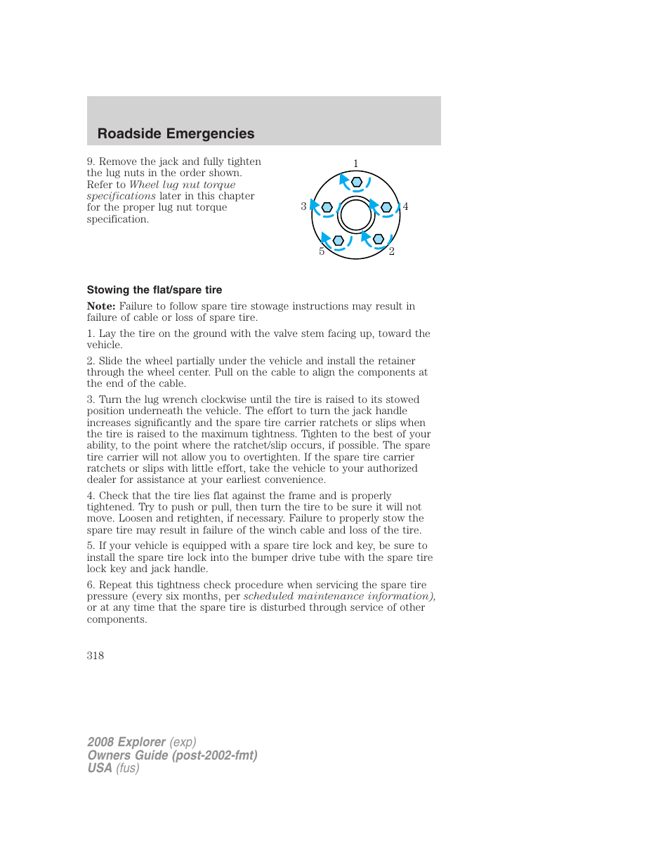 Stowing the flat/spare tire, Roadside emergencies | FORD 2008 Explorer v.2 User Manual | Page 318 / 400