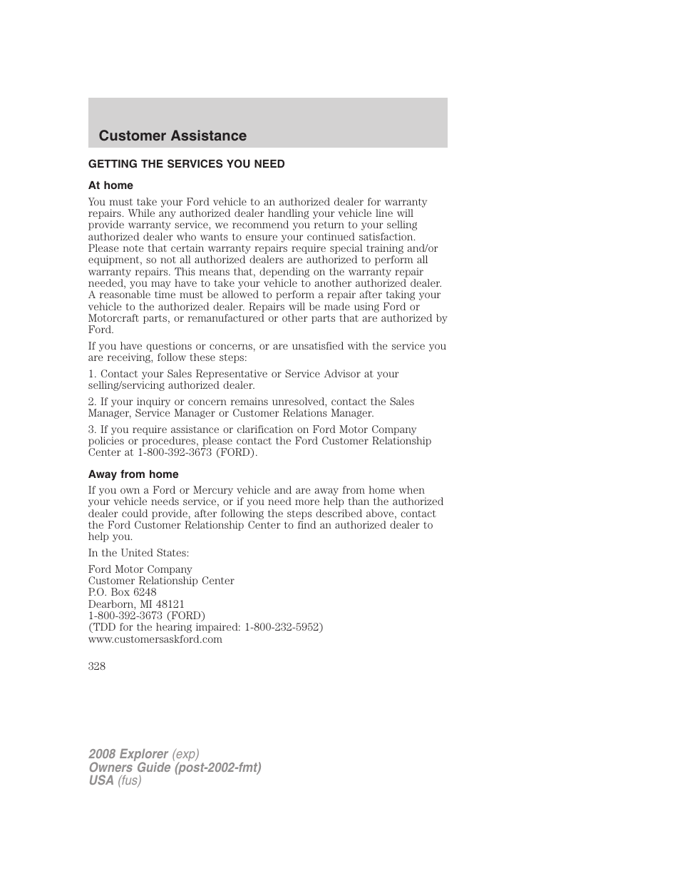 Customer assistance, Getting the services you need, At home | Away from home | FORD 2008 Explorer v.2 User Manual | Page 328 / 400