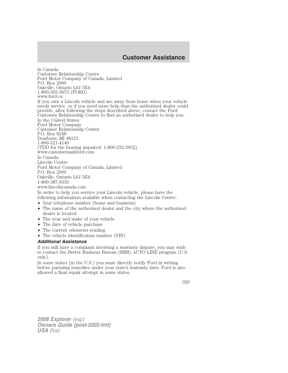 Additional assistance, Customer assistance | FORD 2008 Explorer v.2 User Manual | Page 329 / 400