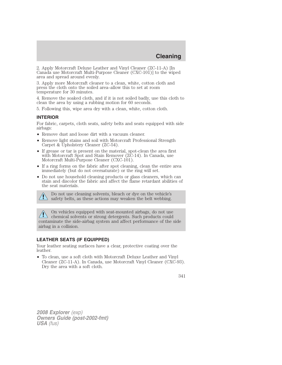 Interior, Leather seats (if equipped), Cleaning | FORD 2008 Explorer v.2 User Manual | Page 341 / 400