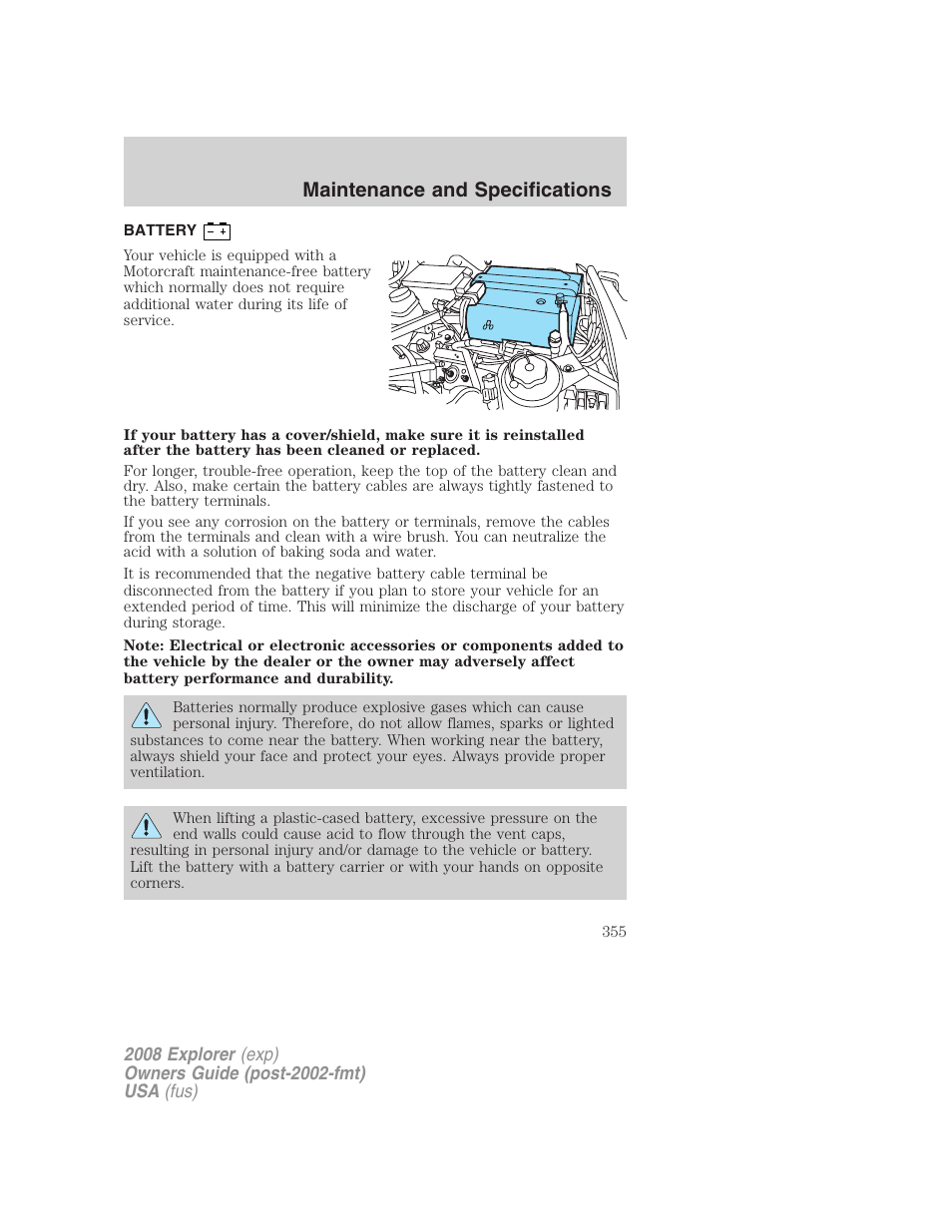 Battery, Maintenance and specifications | FORD 2008 Explorer v.2 User Manual | Page 355 / 400