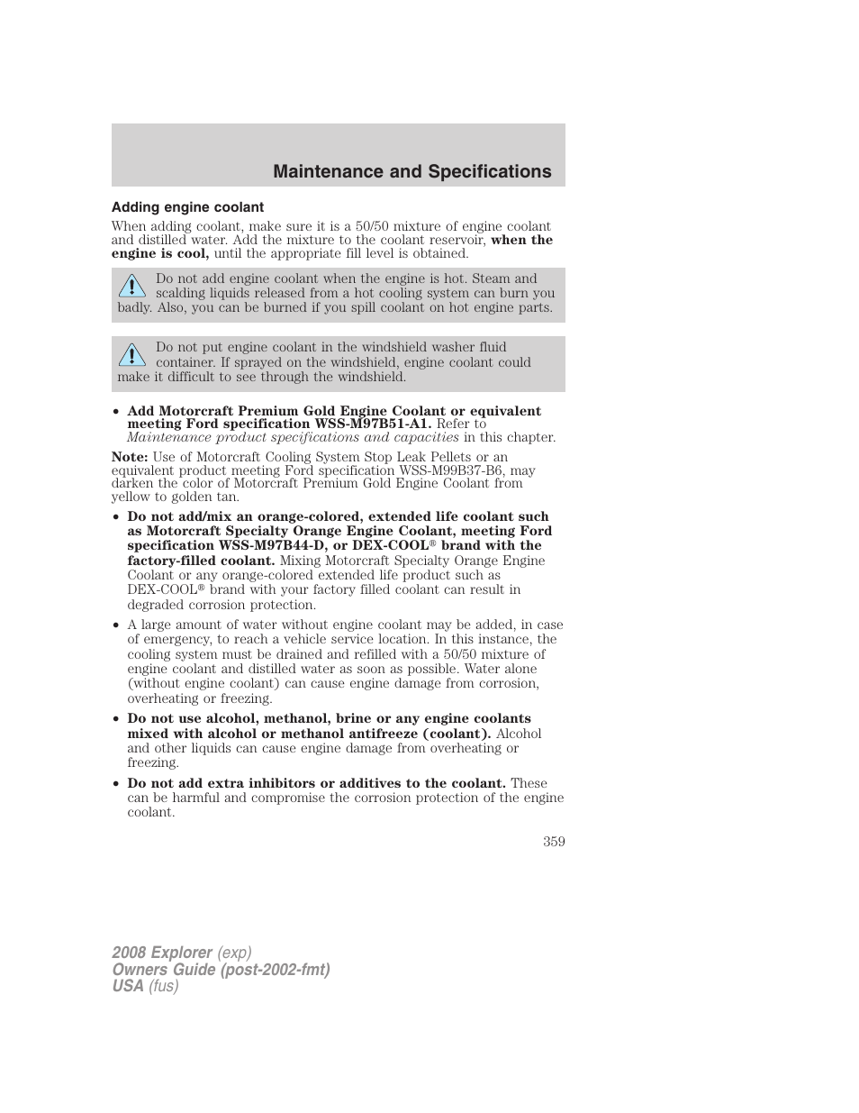 Adding engine coolant, Maintenance and specifications | FORD 2008 Explorer v.2 User Manual | Page 359 / 400