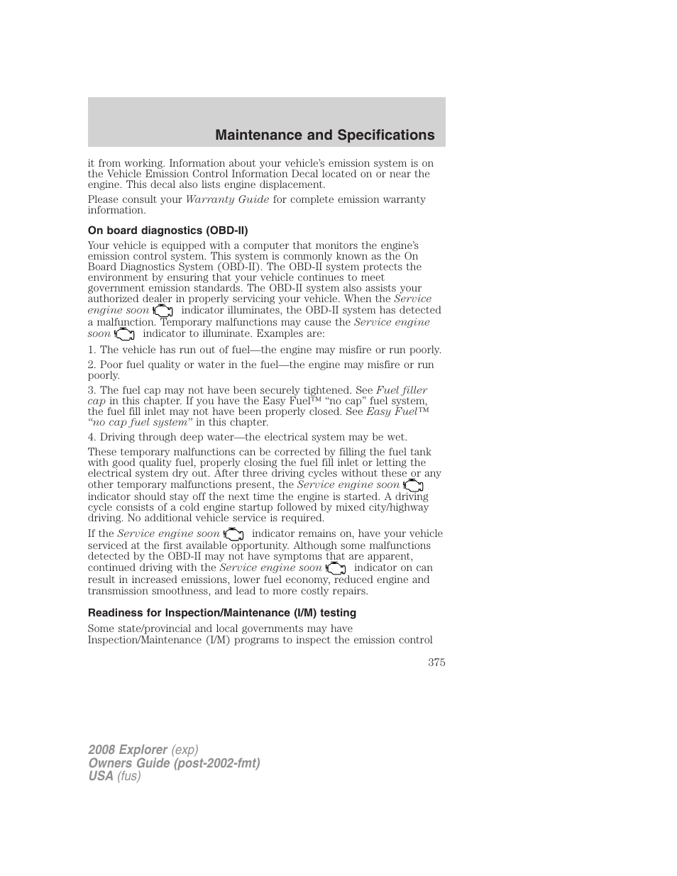 On board diagnostics (obd-ii), Readiness for inspection/maintenance (i/m) testing, Maintenance and specifications | FORD 2008 Explorer v.2 User Manual | Page 375 / 400