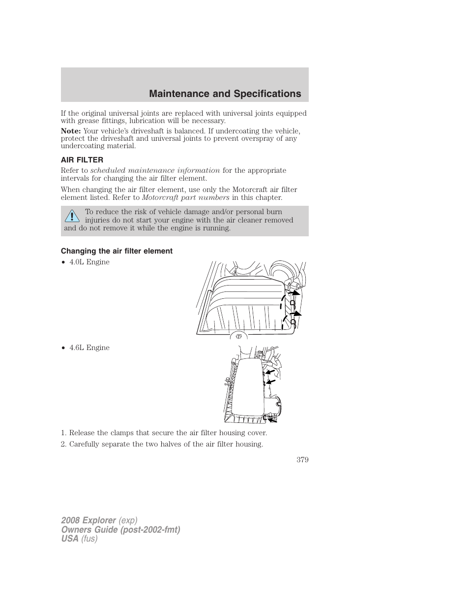 Air filter, Changing the air filter element, Air filter(s) | Maintenance and specifications | FORD 2008 Explorer v.2 User Manual | Page 379 / 400