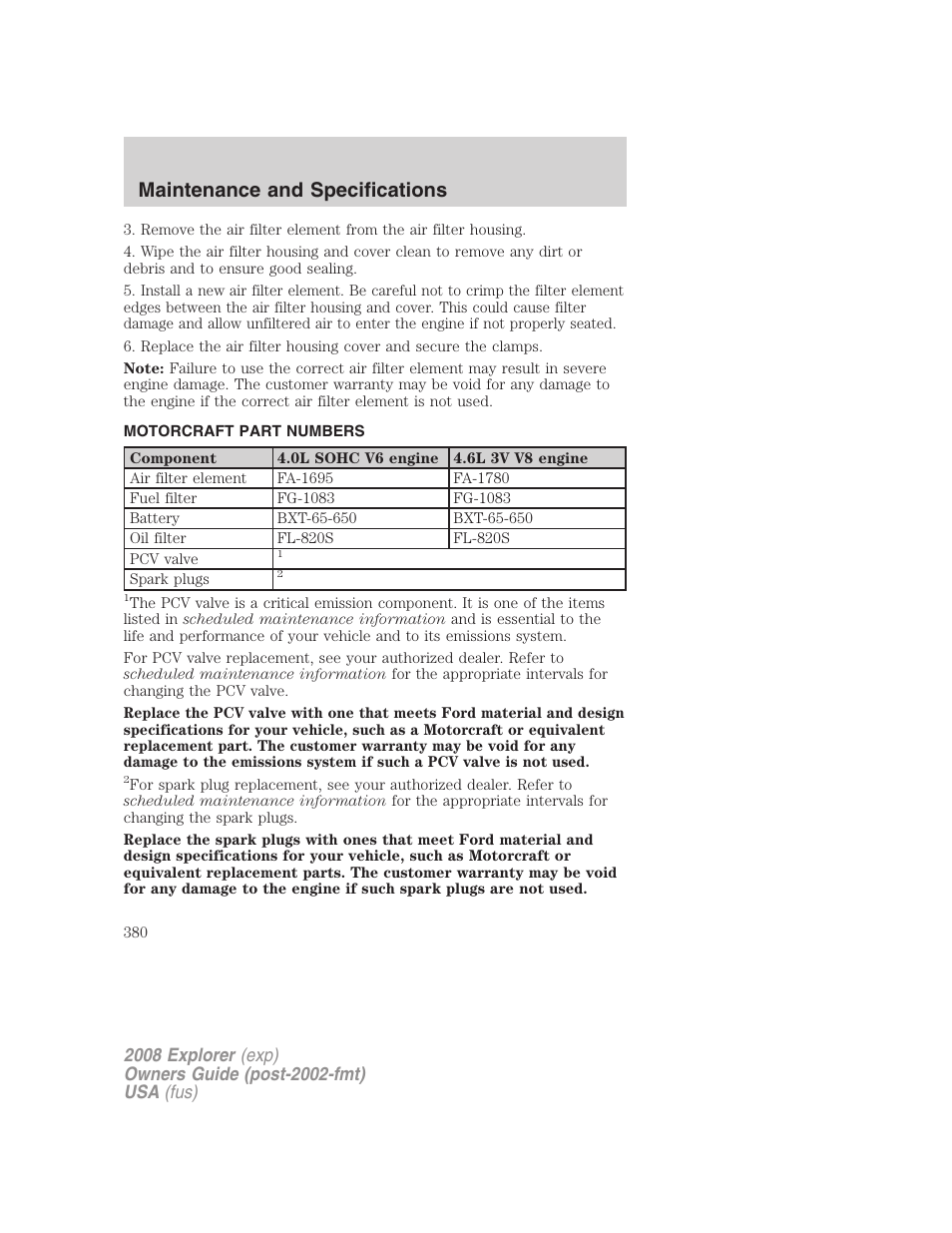 Motorcraft part numbers, Part numbers, Maintenance and specifications | FORD 2008 Explorer v.2 User Manual | Page 380 / 400