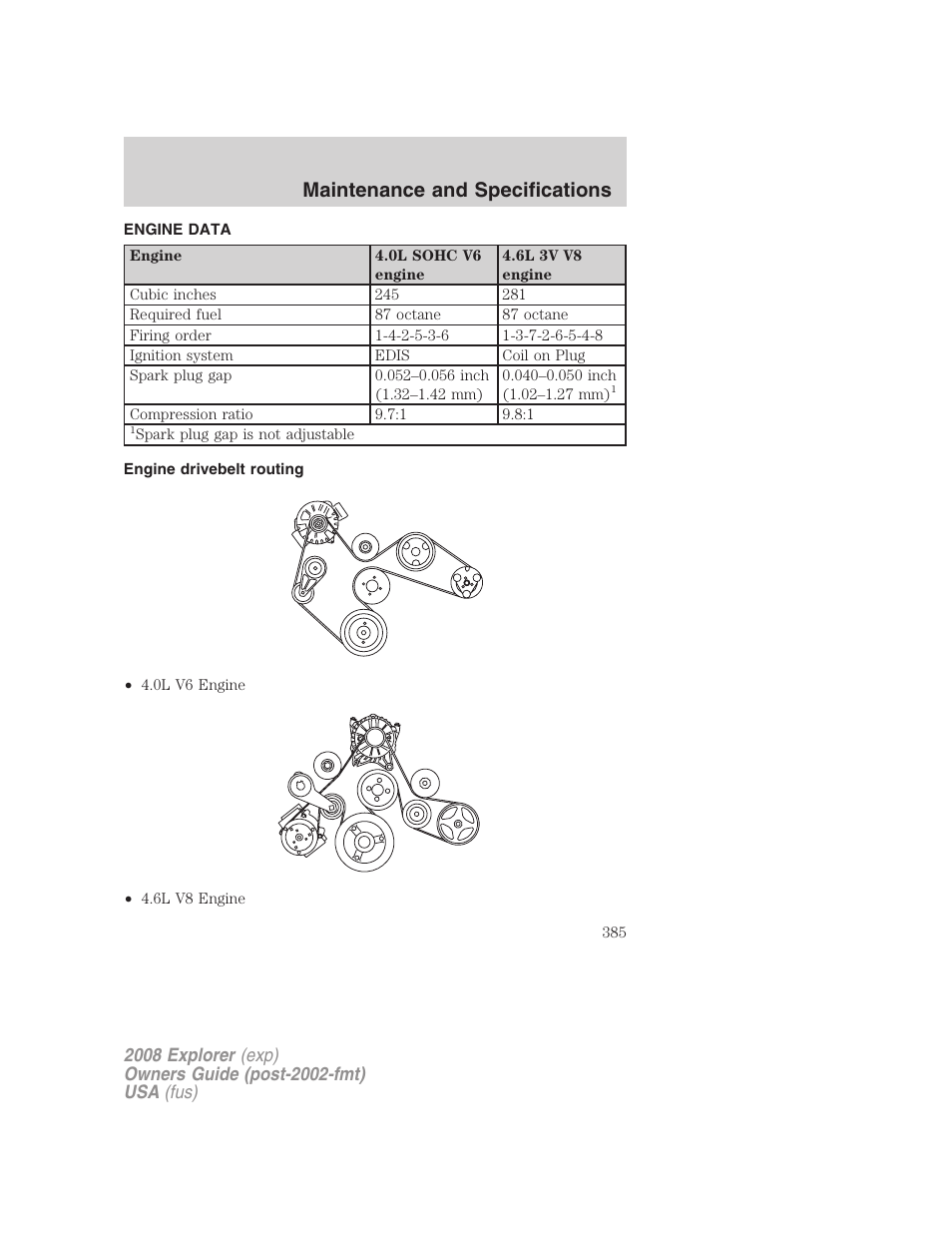 Engine data, Engine drivebelt routing, Maintenance and specifications | FORD 2008 Explorer v.2 User Manual | Page 385 / 400